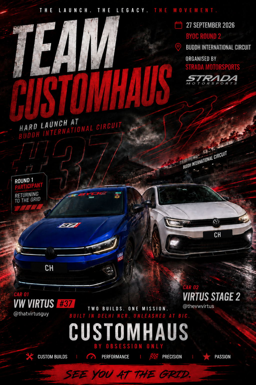 CustomHaus motorsport event artwork featuring two Volkswagen Virtus builds with black CH display plates